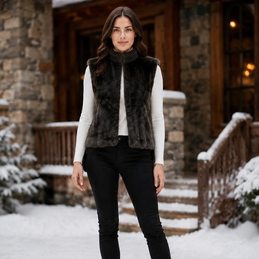 Banana Republic 2013 Faux Fur Vest Women's S Brown Stand Collar Hook Eye Closur